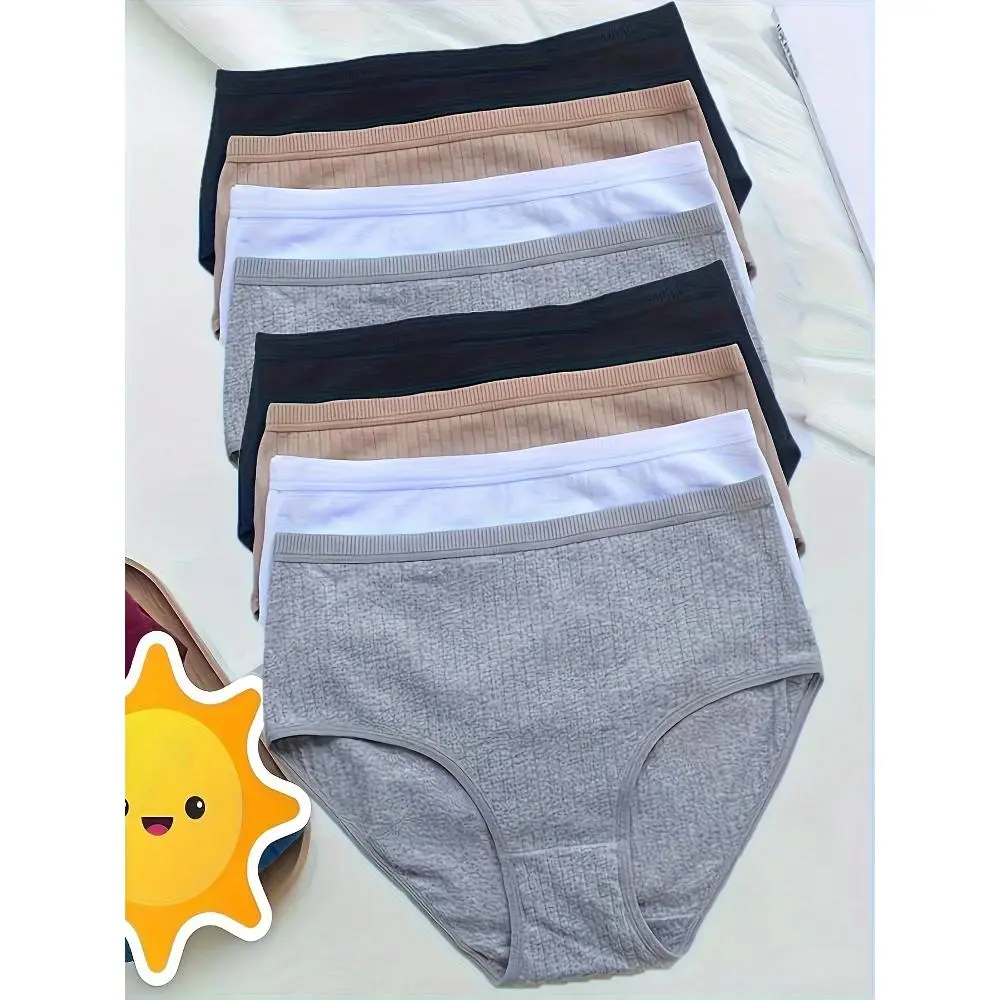 8Pack Women High Waist Briefs Breathable Elastic Solid Color Daily Underwear