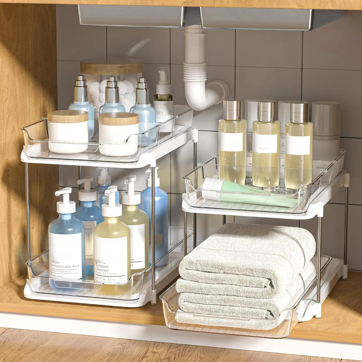 2 Pack 2-Tier Under Sink Storage Organizer, Stackable Multi-purpose Pull-out Storage Rack with Adjustable Dividers, Versatile Caddy for Bathroom, Kitchen Pantry & Medicine Cabinet, White Space Saving Home Storage Solution