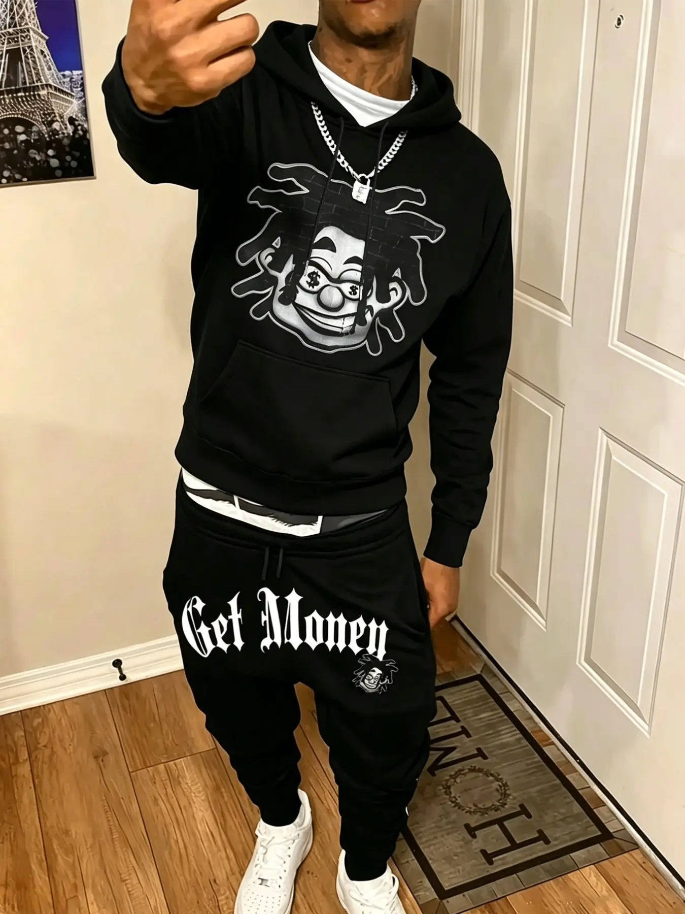 Men Black Graphic 2 Piece Tracksuit Soft Stretchy Hoodie & Pants Set Cartoon Character Print Old English Letter Print Drawstring Waist Cuffed Trousers Loose Oversized Fit for Daily Casual School Campus Gym Jogging Weekend Hangout Streetwear OOTD