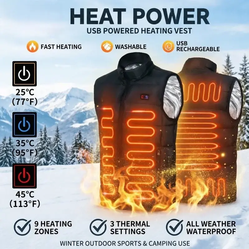 9.Heated area, electric heating jacket, men's and women's sportswear, heated jacket, graphene heating jacket, USB-powered electric heating jacket, suitable for camping