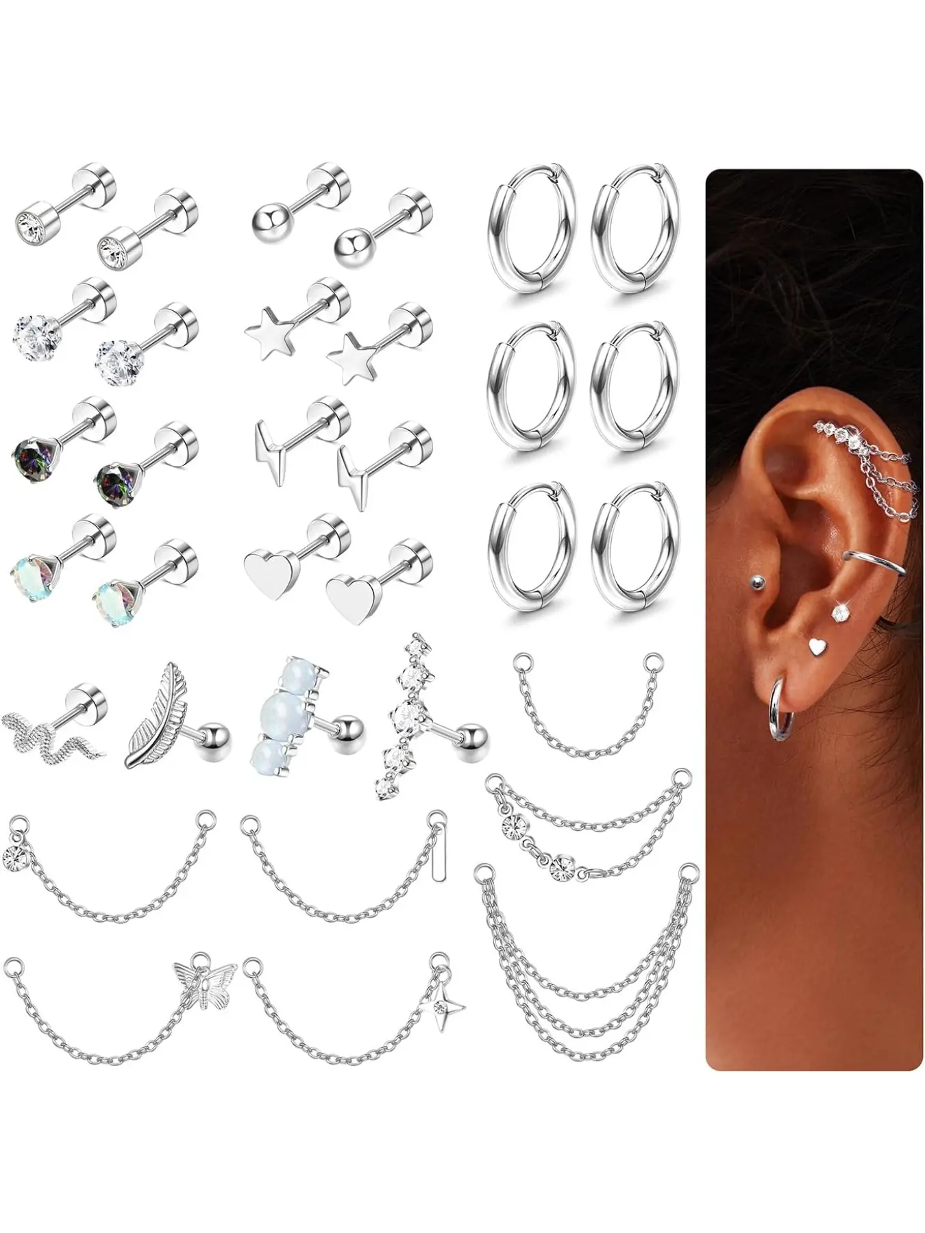 20g Cartilage Casual Earrings Set for Women Men, Surgical Steel Cz Opal Small Hypoallergenic Stud Earrings, Ear Cartilage Studs, Chain Dangle Conch Daith Jewelry