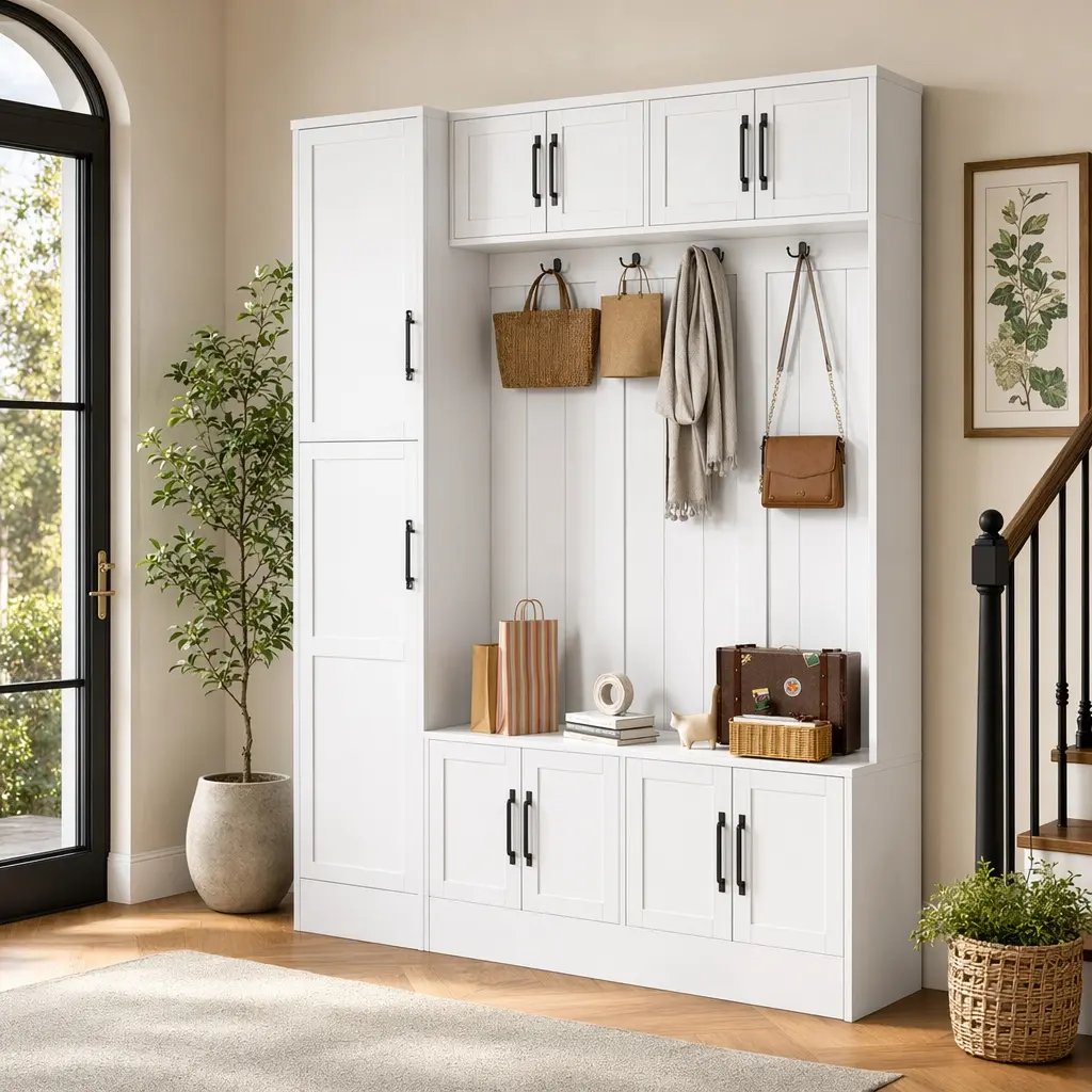 79-in Tall Modern Arch 4-in-1 Entryway Hall Tree - 6 Cabinets, 4 Coat Hooks, Adjustable Shelf, Shoe Storage Bench, White Freestanding Organizer for Hallway, Living Area (Assembly Required, Overall Height: 79 inches)