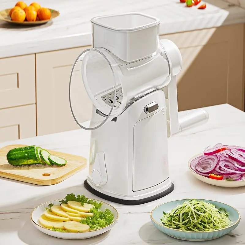7-in-1 Upgraded Handy Rotary Cheese Grater with Handle - Kitchen Utensils Cutter, Mandoline Slicer, Vegetable Shredder, Fruit & Vegetable Chopper, 5 Versatile Blades, Built-in Blade Storage Slot, Strong Suction Base, Cleaning Brush for Families with Kids,