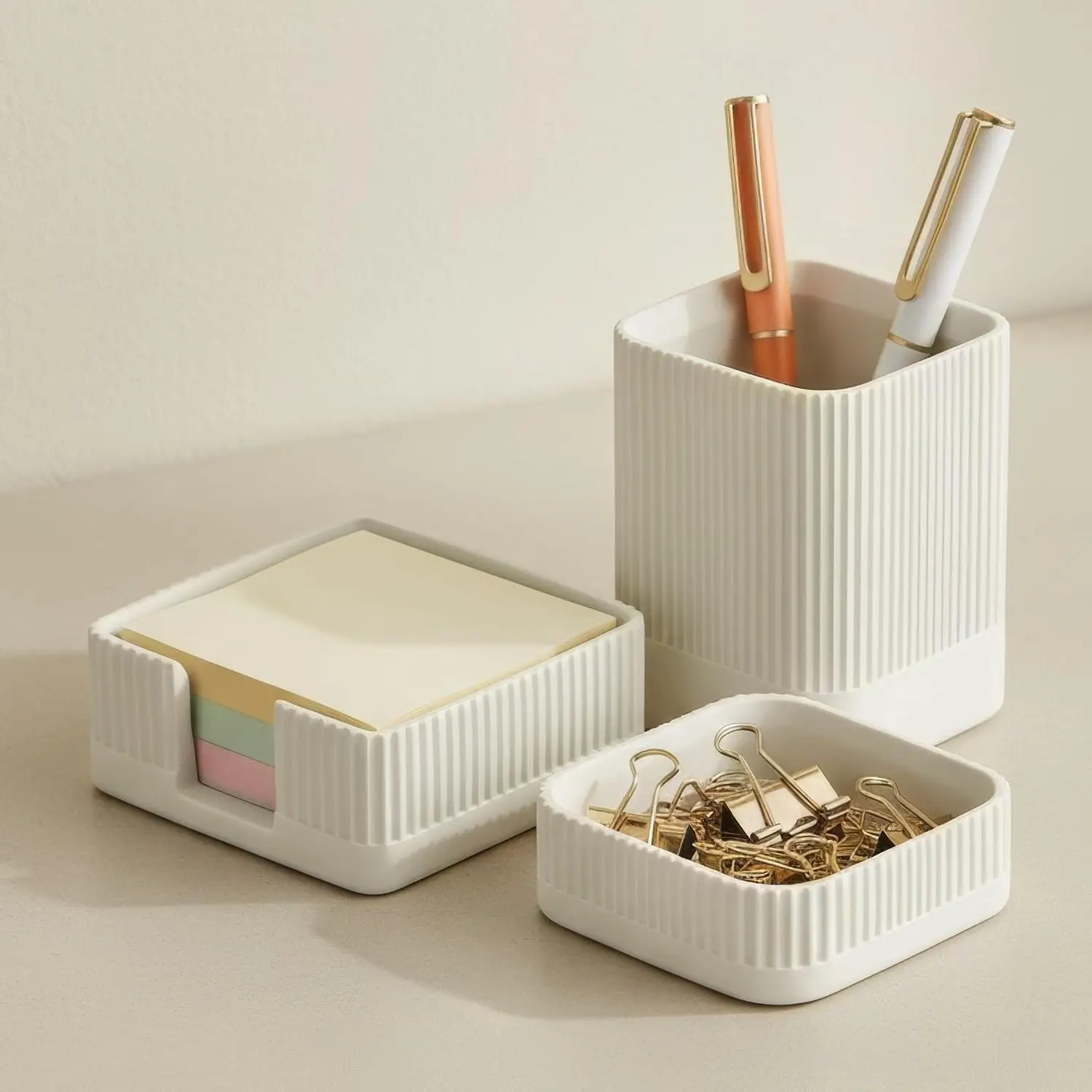 Aesthetic Concrete Desk Organizer Set of 3 - Sturdy Desktop Accessories with Pen Holder, Paperclip Storage & Sticky Note Holder for Office DecorGift