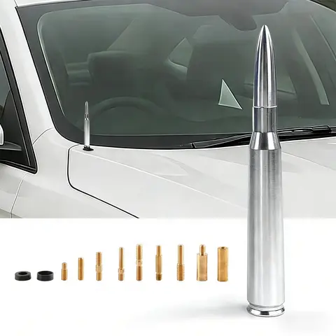 50 BMG Bullet Look Antenna - 6061 Solid Alum., Chrome Plated, Short Design, Fast No-Tool Mount, Compatible with Trucks (Chevy, Dodge Ram, Jeep, Ford F250, GMC Sierra), Includes 10 Adapters, Valve Caps, Car Gadgets, Vehicle Accessory