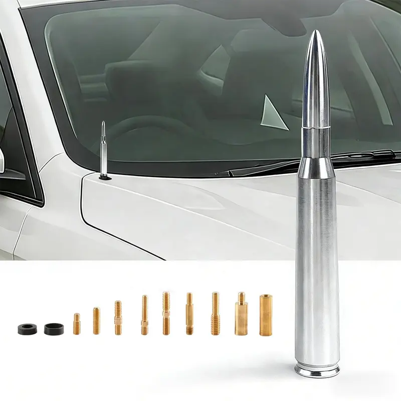 50 BMG Bullet Look Antenna - 6061 Solid Alum., Chrome Plated, Short Design, Fast No-Tool Mount, Compatible with Trucks (Chevy, Dodge Ram, Jeep, Ford F250, GMC Sierra), Includes 10 Adapters, Valve Caps, Car Gadgets, Vehicle Accessory