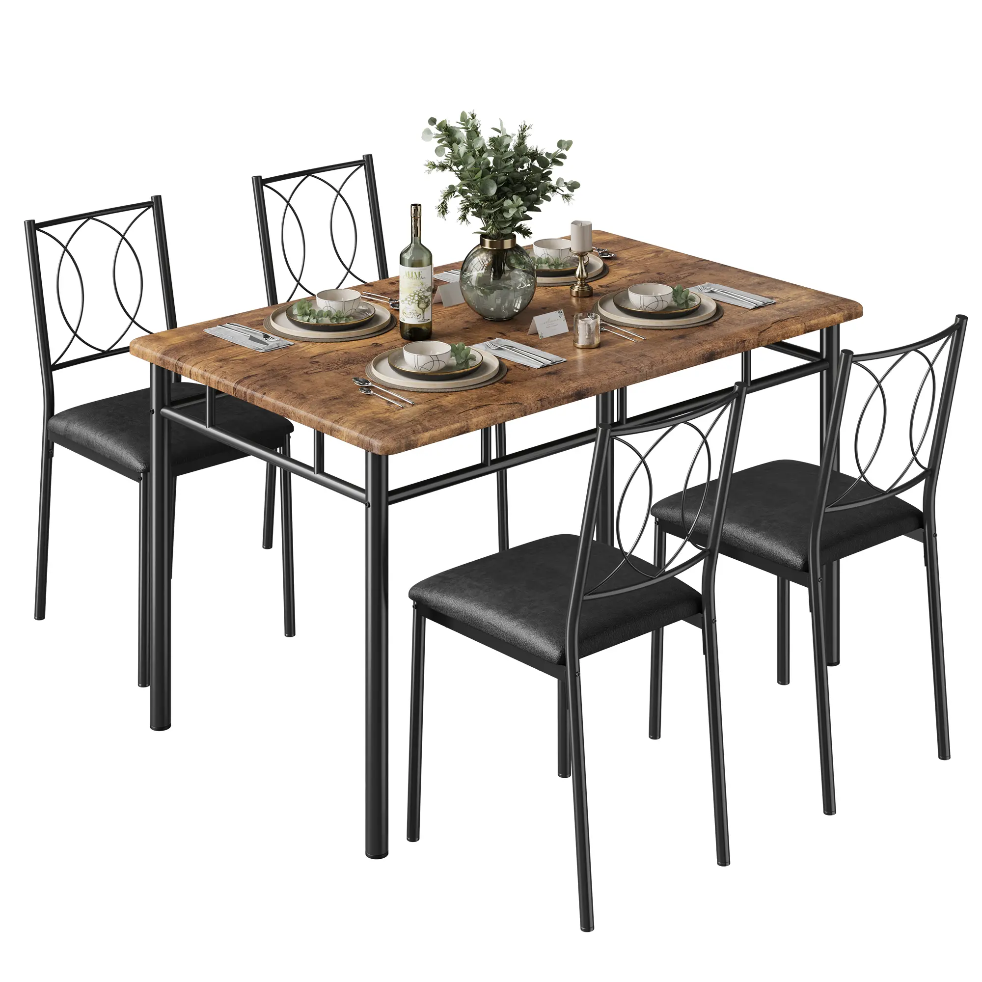 5-Piece Space-Saving Farmhouse Dining Table Set for 4, Grey Wood Table & 4 Upholstered Chairs, Modern Design for Apartment & Small Kitchen