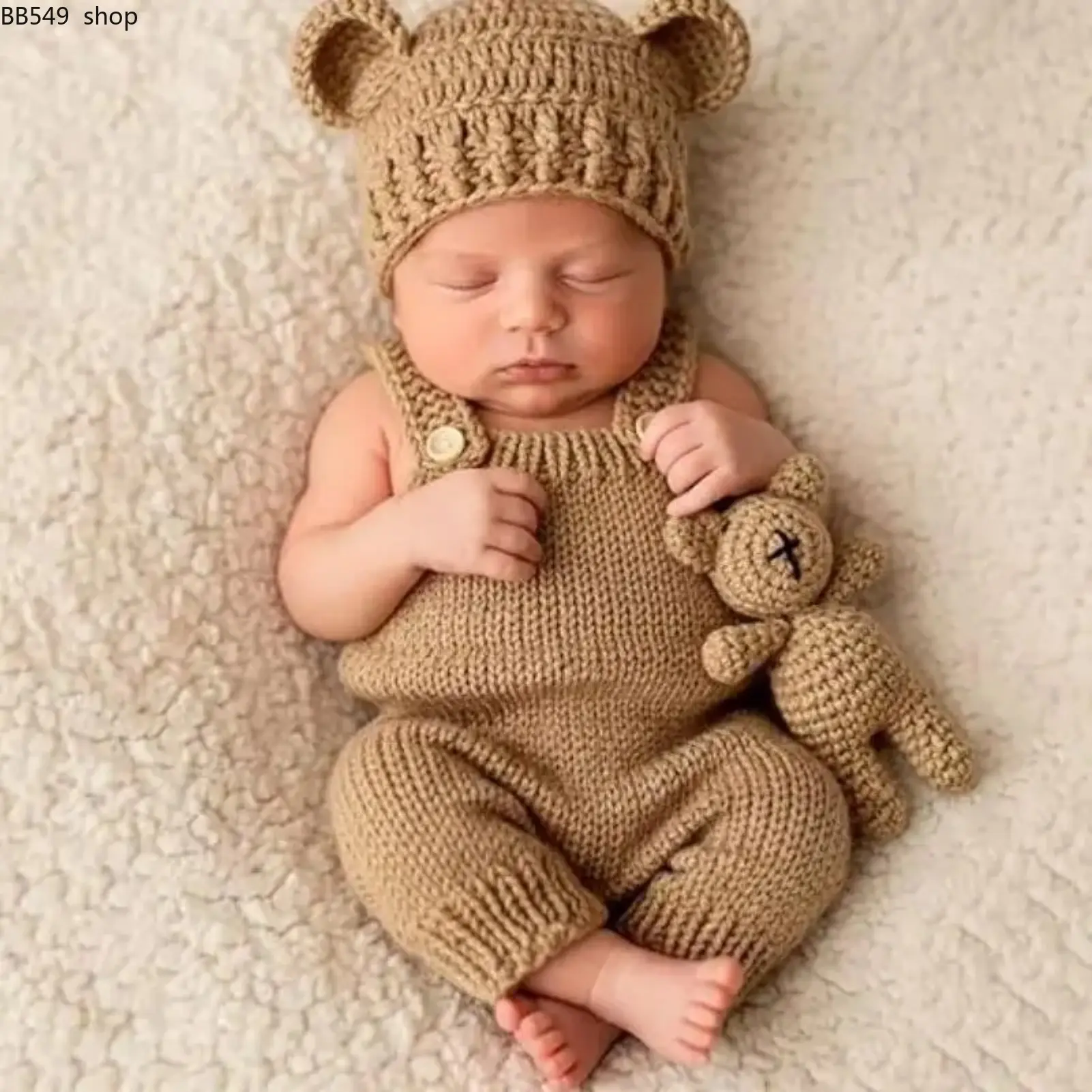 3PCS Newborn Baby Outfit Set, Hand Knitted Bear Romper with Cute Photo Props for Baby Boys & Girls, Soft Cozy Clothing Set for Newborn Photography, Baby Shower Gifts & Special Moments
