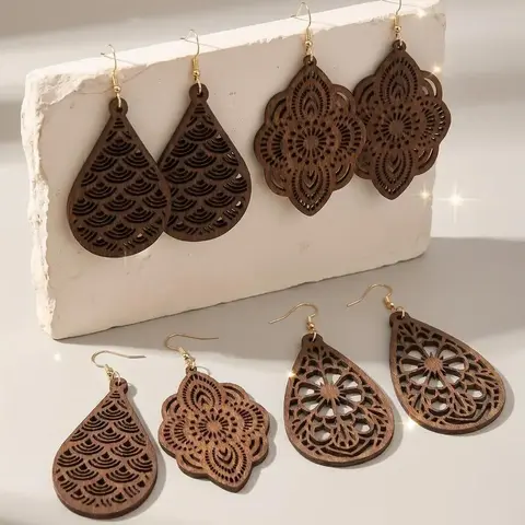 Wooden Hollow Out Design Dangle Earrings, Vintage Style Water Drop Shaped Earrings, Fashion Crafted Jewelry Accessories for Women, Dangle Earrings Set