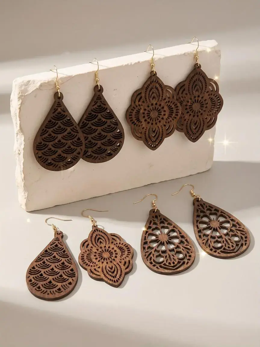 Wooden Hollow Out Design Dangle Earrings, Vintage Style Water Drop Shaped Earrings, Teardrop Dangle Earrings, Fashion Crafted Jewelry Accessories for Women