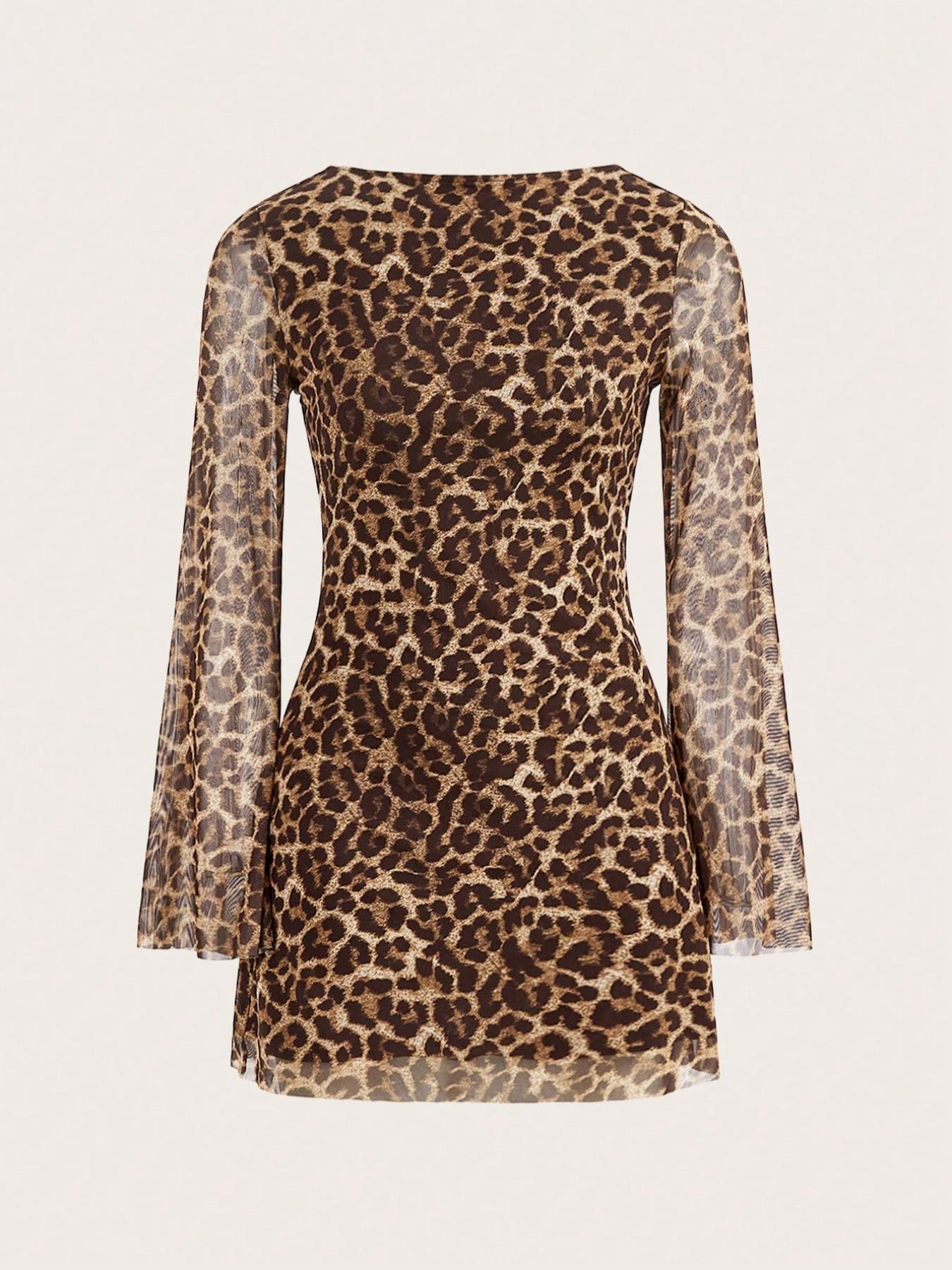 Women's Elegant Leopard Print Mesh Dress, Slim-Fit Backless Bodycon, Sleeveless Summer, All Season Wearable, Womenswear