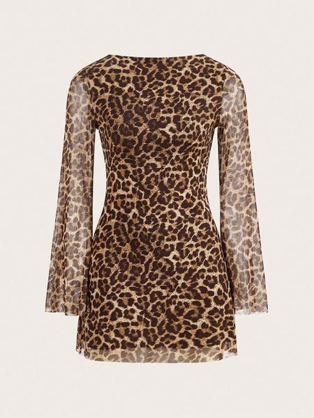 Women's Elegant Leopard Print Mesh Dress, Slim-Fit Backless Bodycon, Sleeveless Summer, All Season Wearable, Womenswear