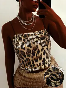 Women's Leopard Print Sequin Camisole, Sleeveless Fitted Top, Geometric Design, Short H-Type Silhouette, Party Night Outwear