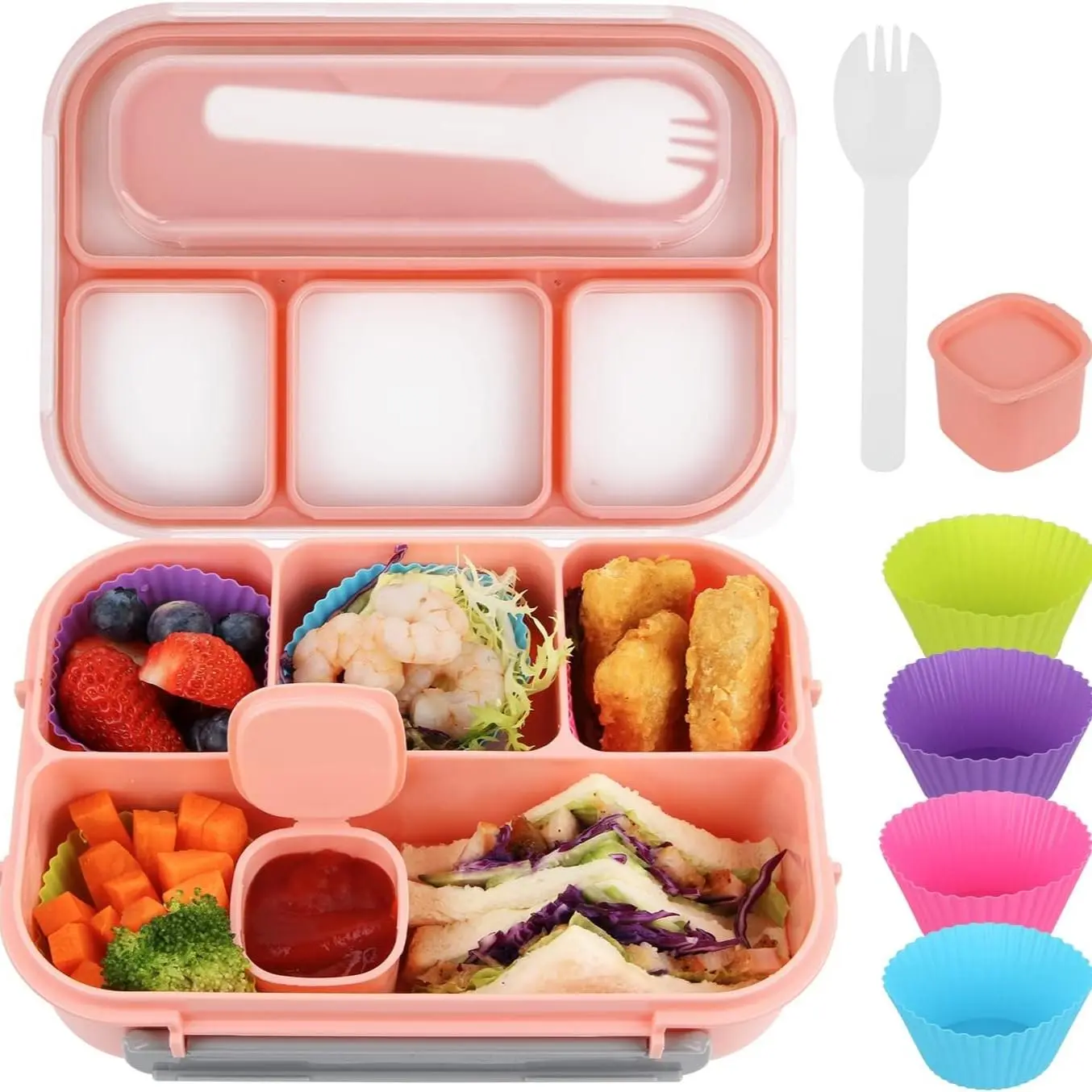 Bento Box.Features 4 Compartments and A Cake Cup,Suitable for Adults, Children, and Toddlers,leak-Proof,4-Compartment Design helps Maintain A Balanced Diet and Preserves the Original Flavor of Food,Pink Bento Box.