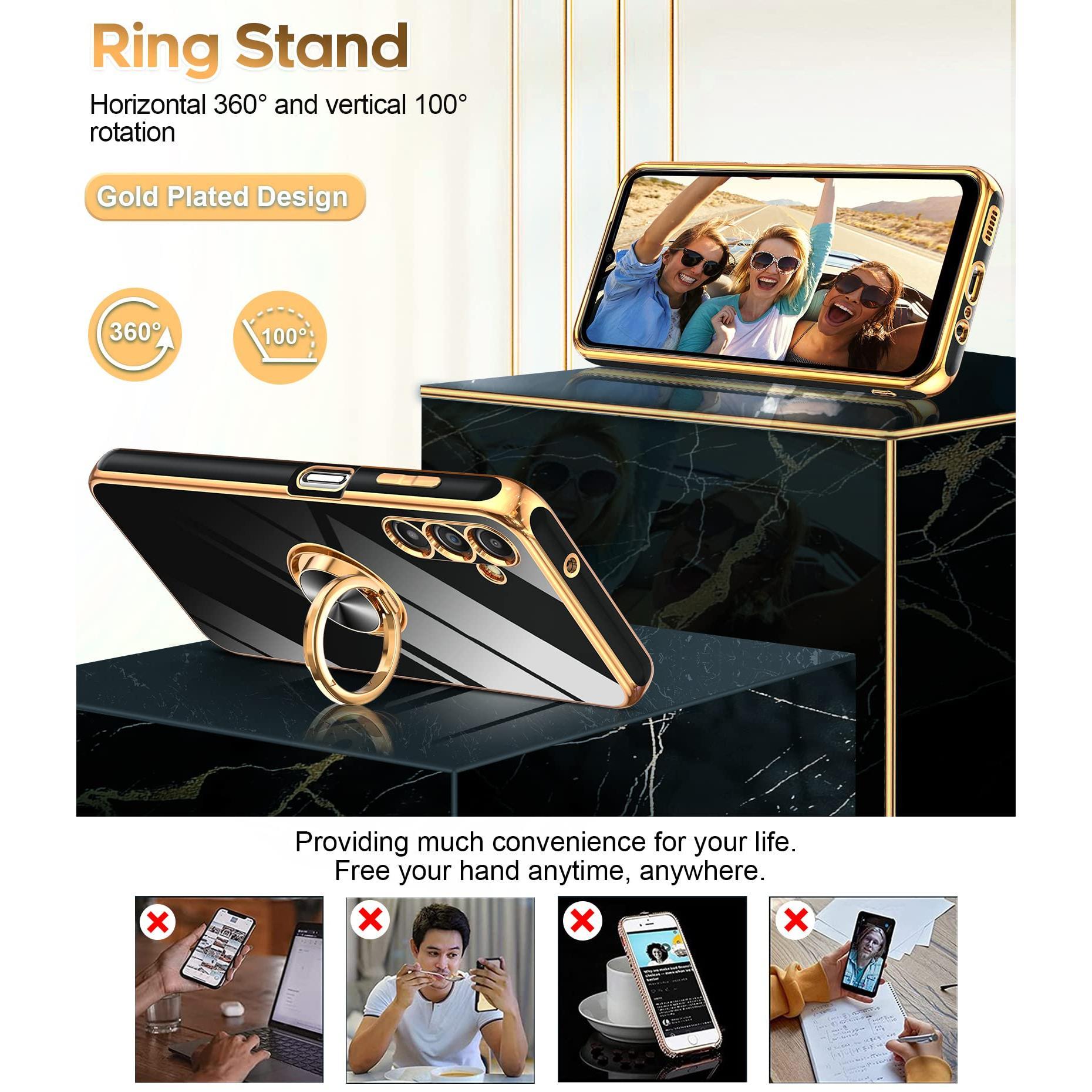 For Galaxy A14-5g Phone Case: 2 Pack Tempered Glass Screen Protector And 360° Rotatable Ring Magnetic Kickstand  Rose Edge Cell Android Basic Funda Para A 14 5g Cover Black