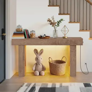 63 inch Console Table with Power Outlets and LED Motion Sensor Light, Narrow Wooden Sofa Table with Storage, Farmhouse Entryway Hallway Accent Table, Natural Oak