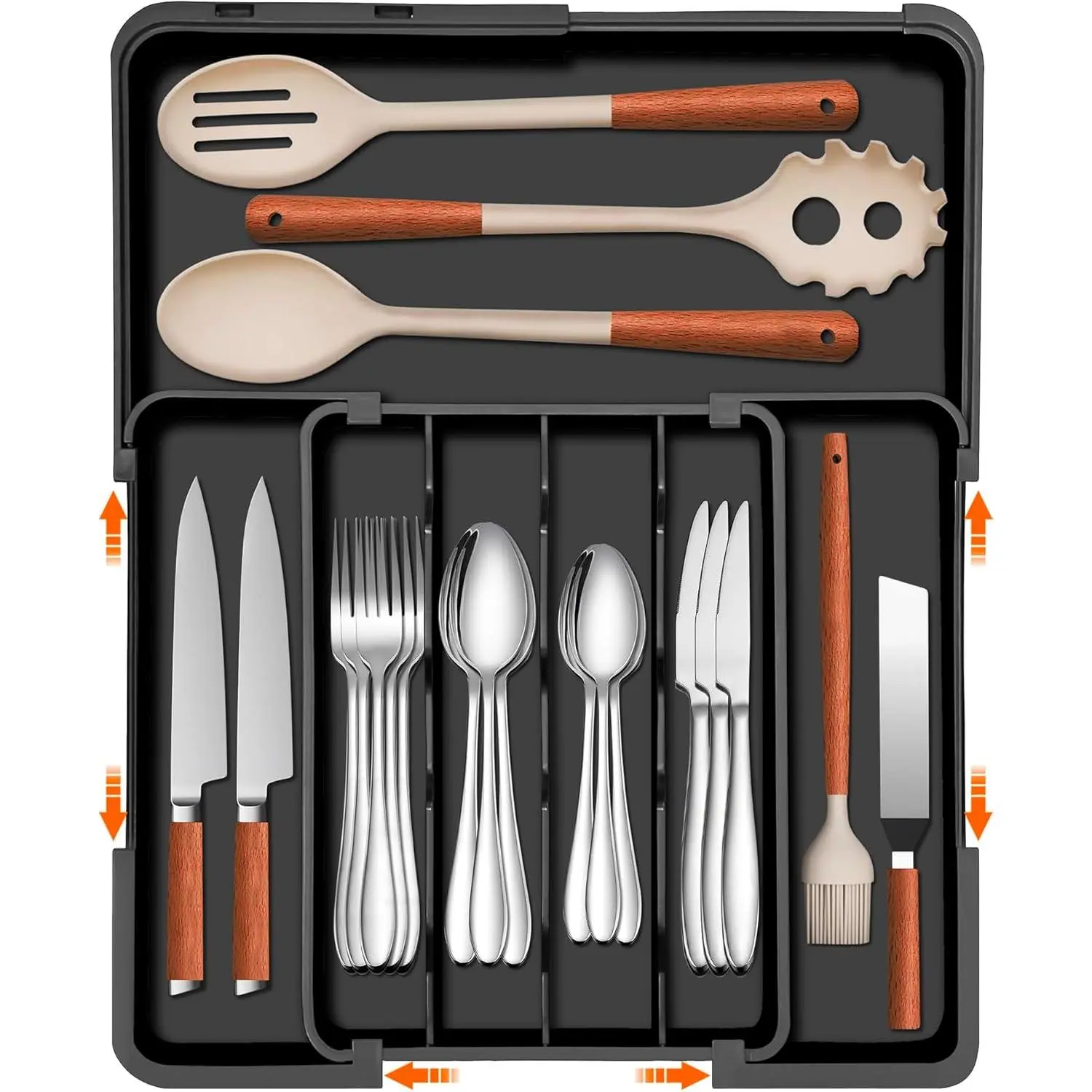 Silverware Organizer - Expandable Kitchen Drawer Organizer, Utensil Drawer Organizer, Adjustable Plastic Flatware and Cutlery Holder, Kitchen Organizers Storage for Forks , Black