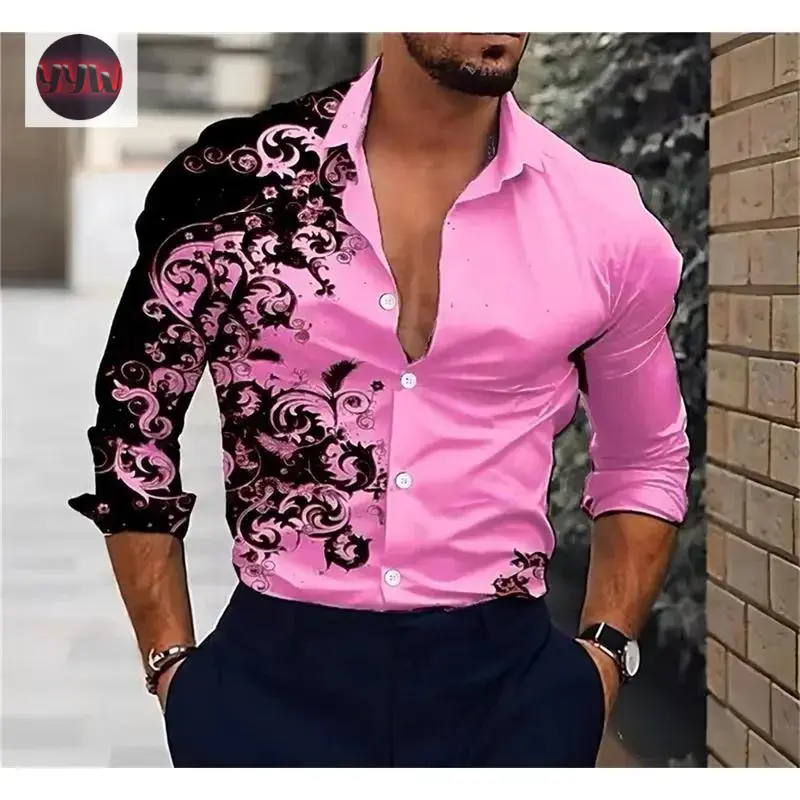 YYW1 Men's Pink Classic Printed Shirt Fashionable Luxury Hawaiian Party Shirt Men's Long Sleeve Button Collar Casual Top Plus Size