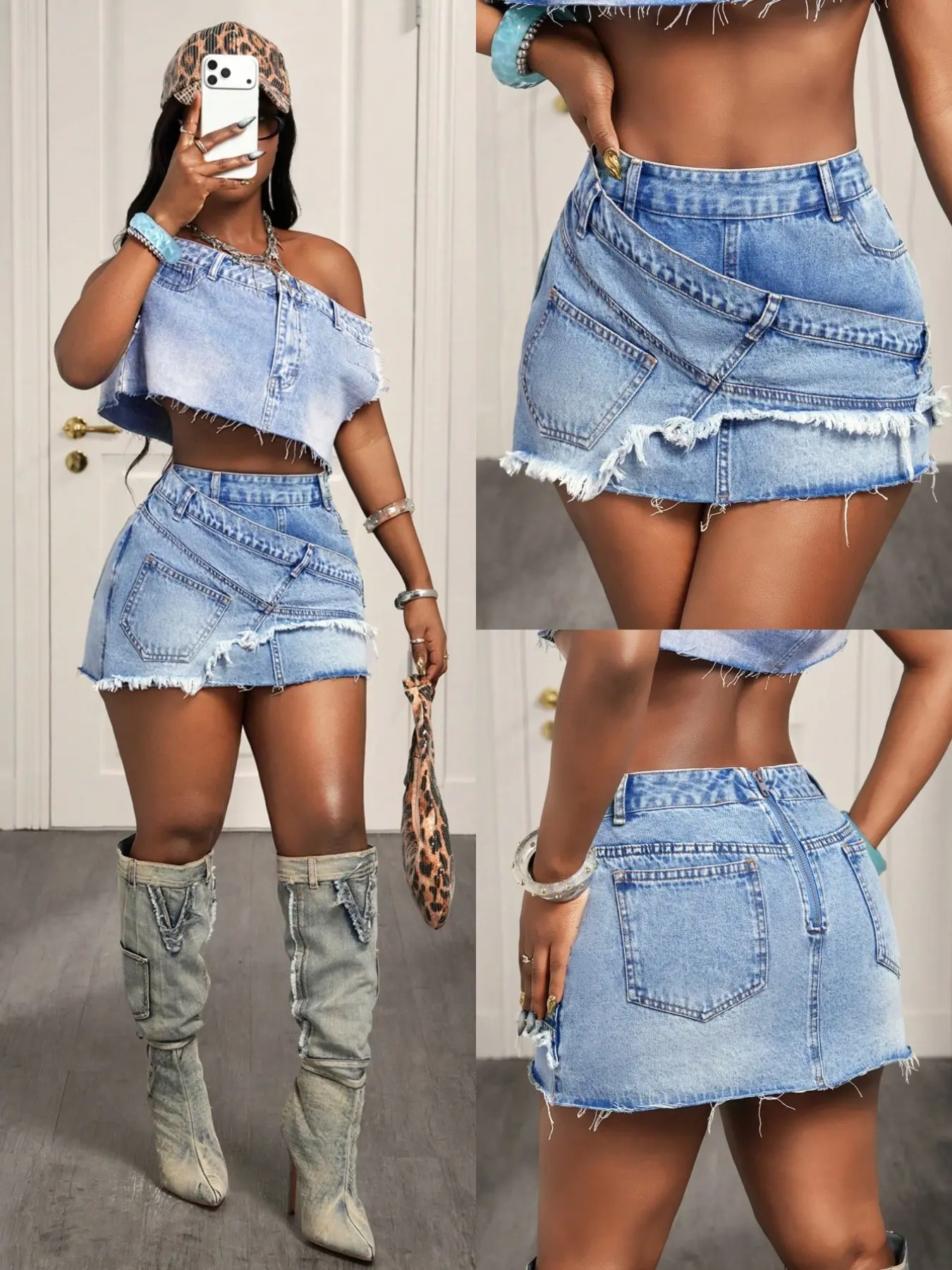 Women's High-Waisted Short Denim Skirt, Blue Washed Two-Piece Design, Slim Fit, Casual Style, Plain Pattern, Ultra-Short Half Skirt