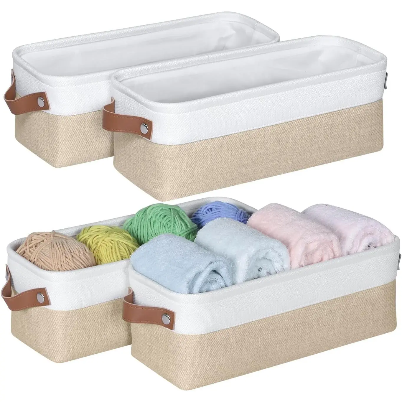 Small Fabric Storage Bins 15x6x5 inch Narrow Storage Baskets 4-Pack Long Storage Basket for Organizing with Handles Decorative Basket for Closets Shelves Toilet Paper Beige