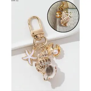 Seashell Starfish Bag Charm Pendants, Gold Starfish & Pearl Shell Bag Chain Charms, Beachy Coastal Bag Decoration Keychain, Summer Ocean-Inspired Bag Pendant for Backpack Purse, Purse Accessories, Durable Material