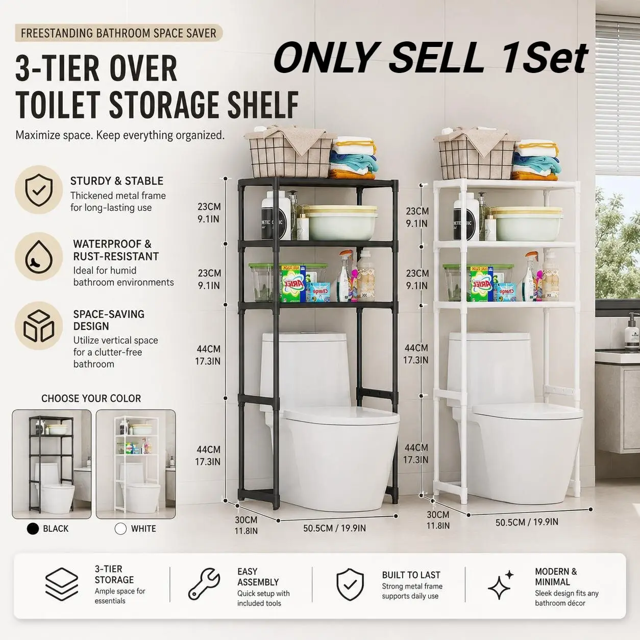 1pcs 3-Tier Over The Toilet Storage Shelf, Minimalist, Humid, Metal Over Toilet Bathroom Organizer with Dividers, Freestanding Bathroom Space Saver Rack with Adjustable Shelf & Feet, Space-Saving View assembly video