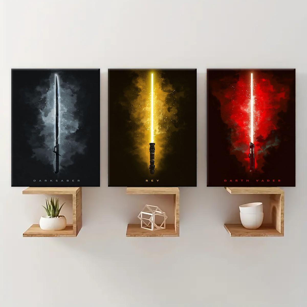 Wooden Framed Canvas Painting, 3 Counts/set Lightsaber Pattern Artistic Wall Art Poster, Home Decor Poster for Living Room Bedroom Office