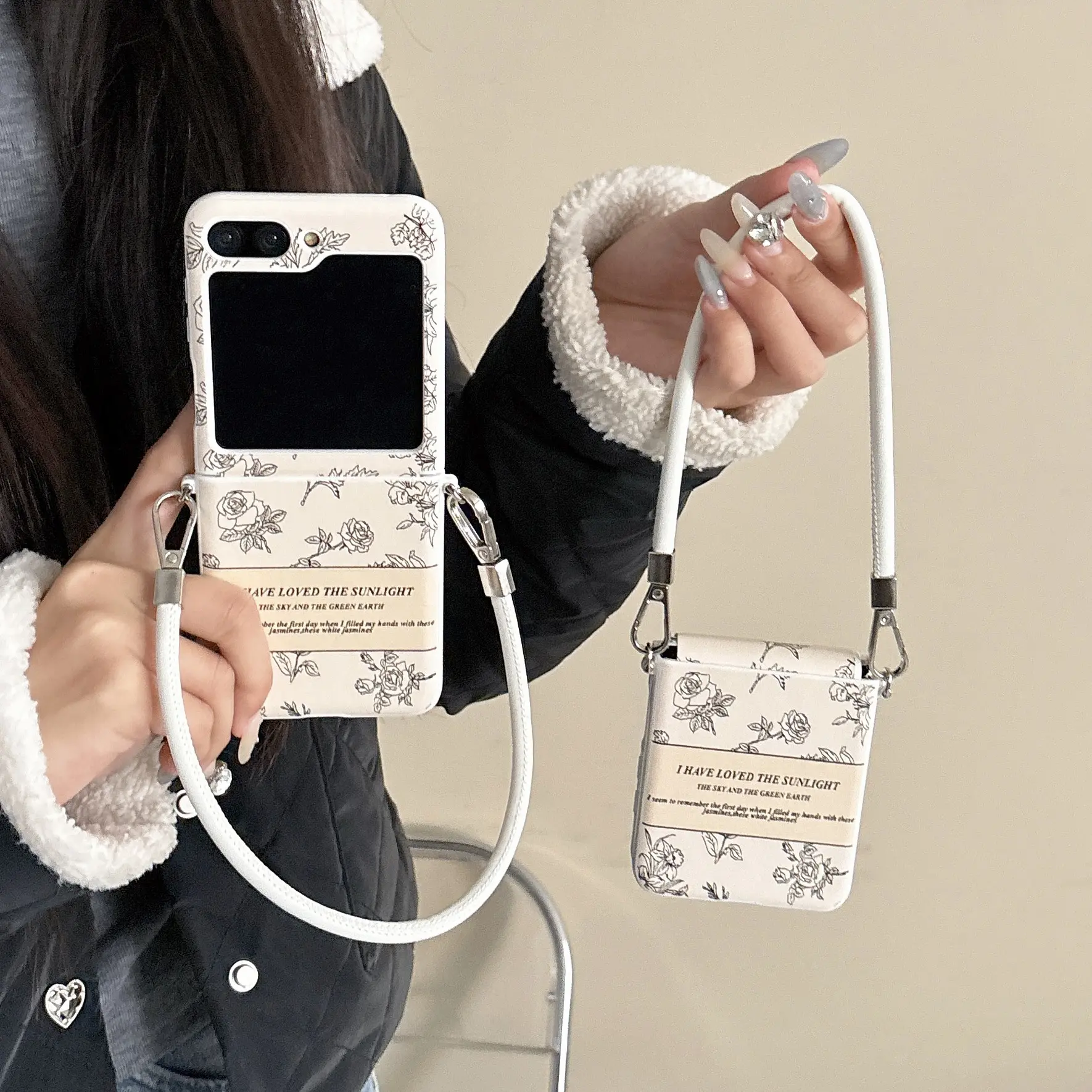 Compatible with zflip7/6/5/4/3 | Rose Pattern Lanyard Full Wrap Shockproof Flip Phone Case HNZ0509