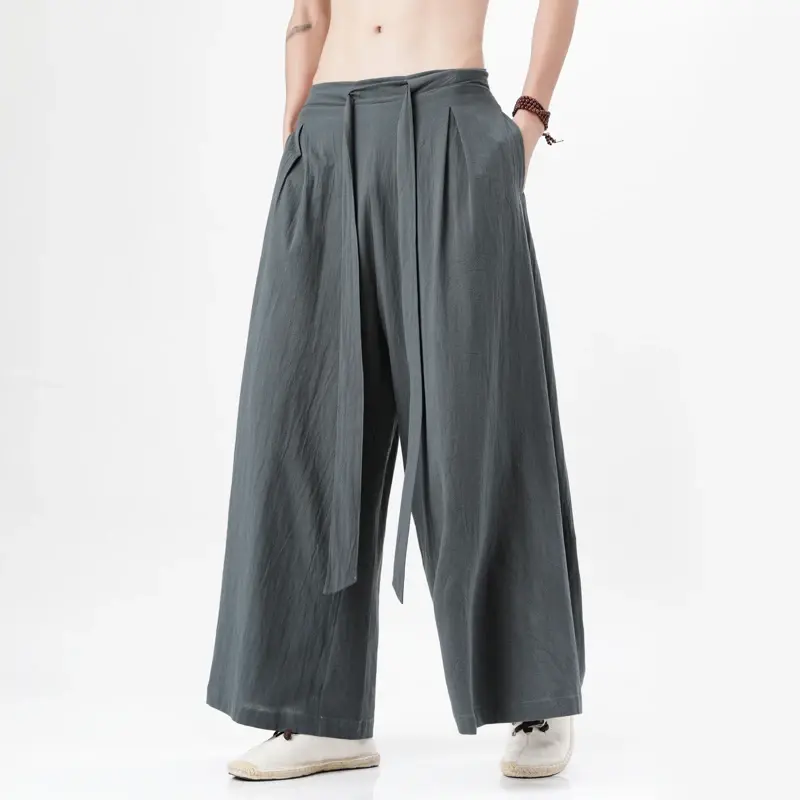 Men's Harajuku Linen Cotton Wide-Leg Pants | Summer Retro Streetwear Trousers | Japanese Kimono Style