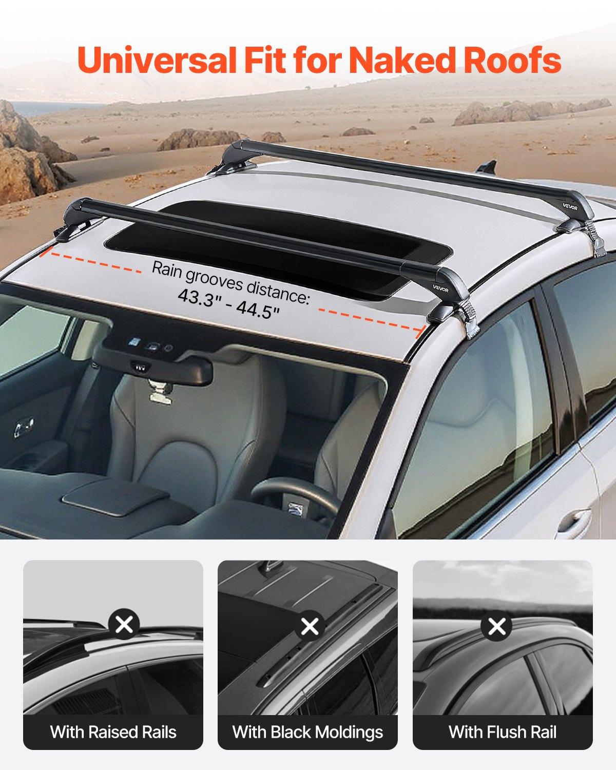 VEVOR Roof Rack Cross Bars, Universal Fit for Naked Roofs Without Raised Rails/Flush Rail/Black Moldings, 165 LBS Capacity, Lockable Heavy Duty Aluminum Crossbar Racks Roof Rail Rooftop Luggage Canoe