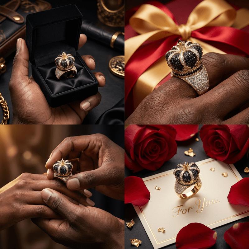 Ice Black and White Quartz Crown Ring |     18k gold plating, luxurious design paired with moissanite, platinum-plated, an ideal gift for stylish men on their birthday or for special occasions