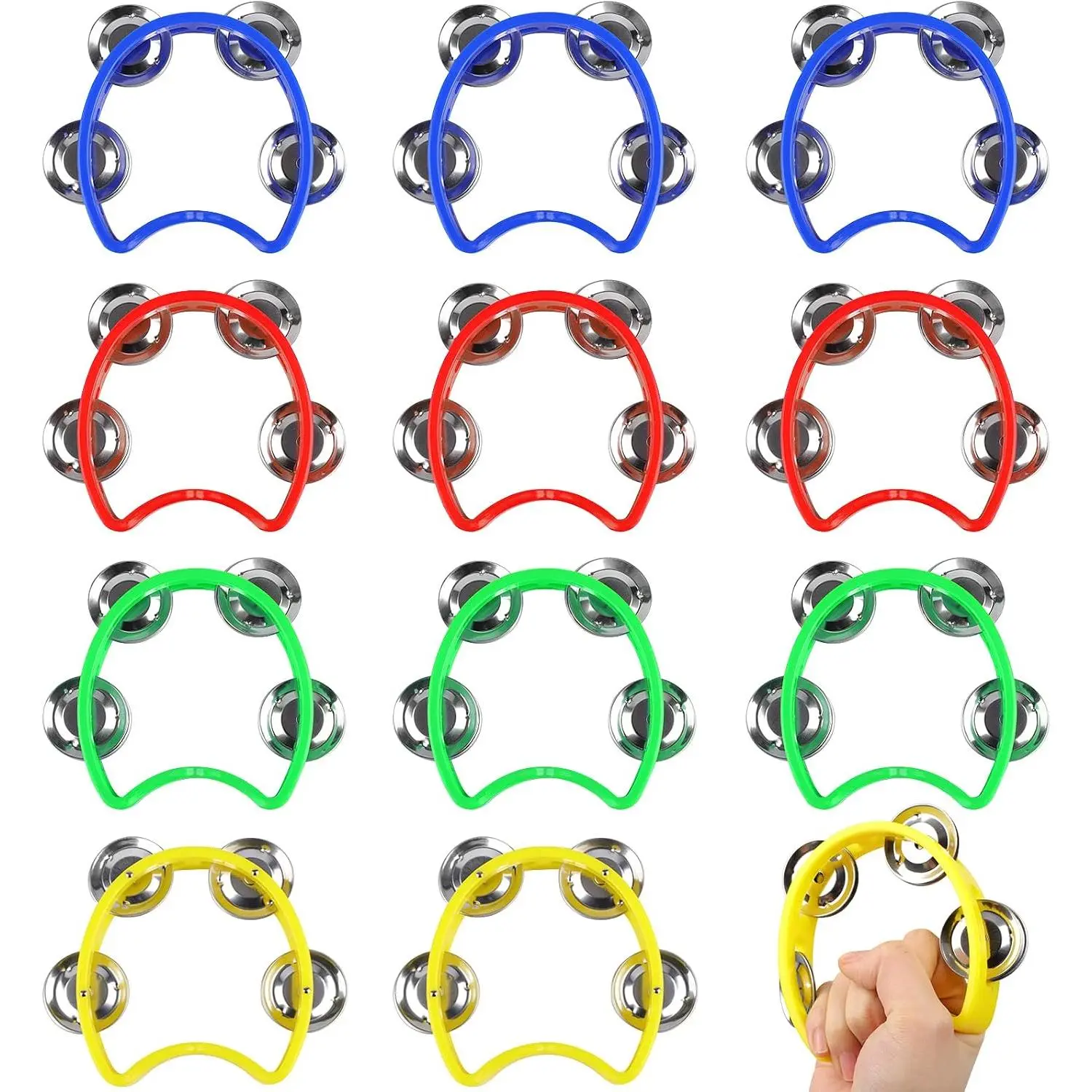 12 Pack Hand Held Tambourine for , Mini Percussion Tambourines with 4 Jingle Bells, Hand Held Percussion Drum Musical Rhythm Instrument for Practice, Performance, Party, Church, School(4 Colors)