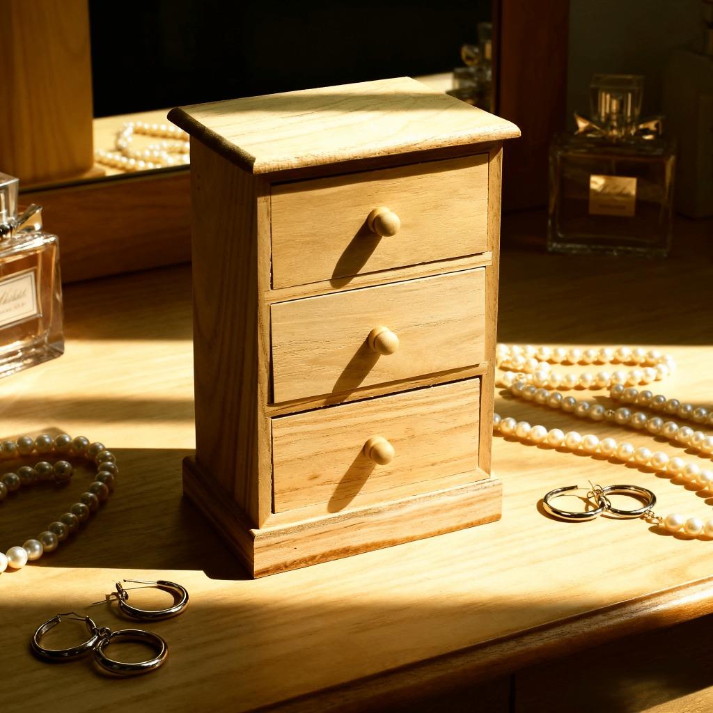 A Wooden Three-Tier Nightstand-Shaped Jewelry Box with Drawers for Organizing Items.It'S a Must-Have for a Vanity, Perfect for Storing Cosmetics And Additions.This Stylish Storage Solution Is Ideal for Housewarming, Christmas, New Year