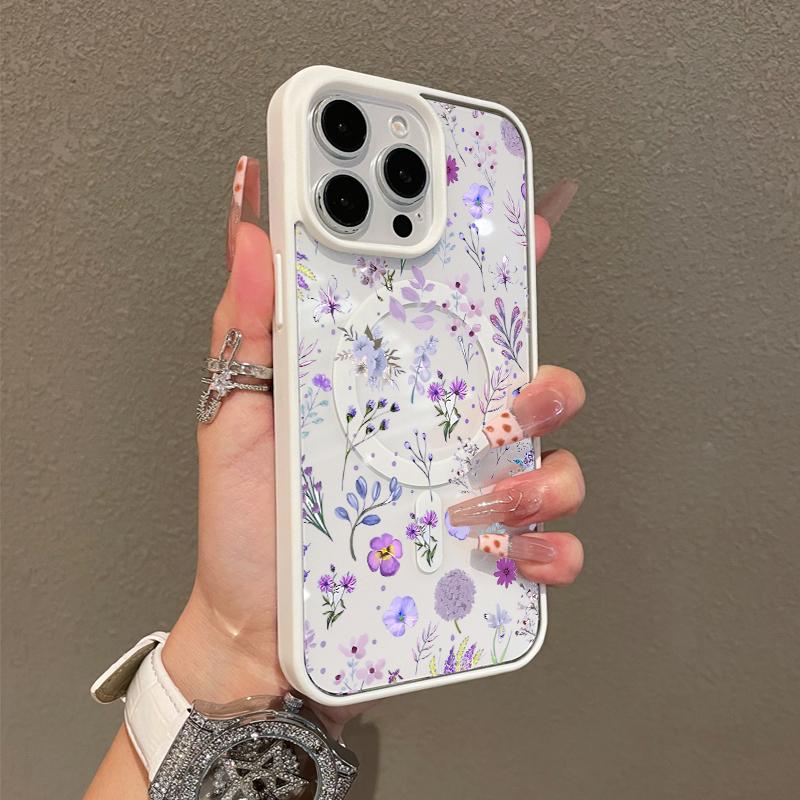 Magnetic Silicone Case for iPhone 17 16 15 14 13 12 11 Pro Max Plus XS XR Purple Floral Aesthetic Shockproof Lightweight Girly Scratch Resistant Protection