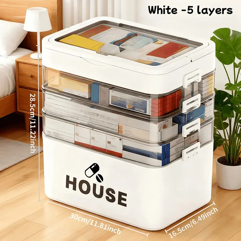 5-Tier Home First Aid Medical Kit - Large Capacity Family Emergency Storage Box, Multi-Layer Portable Travel Organizer with Free Pill Case