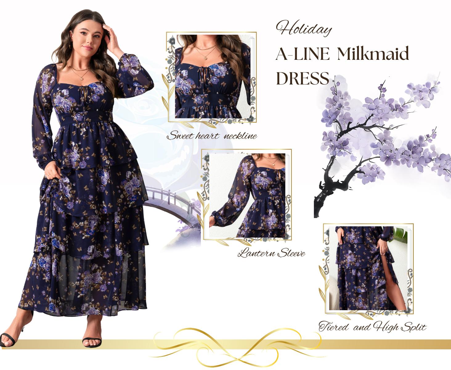 EYWOL Women's Plus Size Holiday Dress Christmas Party & Thanksgiving Outfit Boho Floral Long Sleeve Maxi with Side Slit Tiered Ruffles