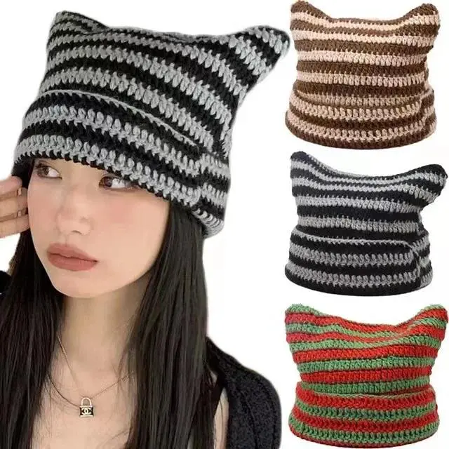 Trendy Cute Cat Ear Beanie Hat for Women - Y2K Striped Crochet Knit Cap, Aesthetic Grunge Gothic Streetwear Headwear, Handmade Wool Alternative Winter Hat, Chic Korean Fashion Accessory & Perfect Holiday Gift, Gothic Street, Handmade Cap