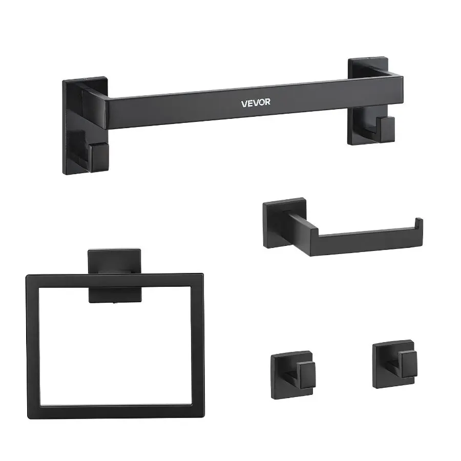 VEVOR Matte Black Bathroom Hardware Set, 5 Pieces Bathroom Accessories Set, Stainless Steel 16 inch Towel Bar, Towel Rack, 2 Robe Towel Hooks, Toilet Paper Holder for Bath Room, Wall Mounted