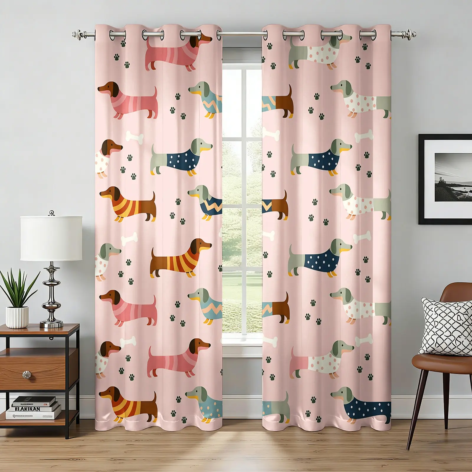 2 Panels Cartoon Dachshund Blackout Curtains, Adorable Dachshund Puppy with Bone Curtains, No-Hook Washable Fabric, Kawaii Animal Window Treatments with Grommet Top, For Dog Lovers Bedroom & Living Room