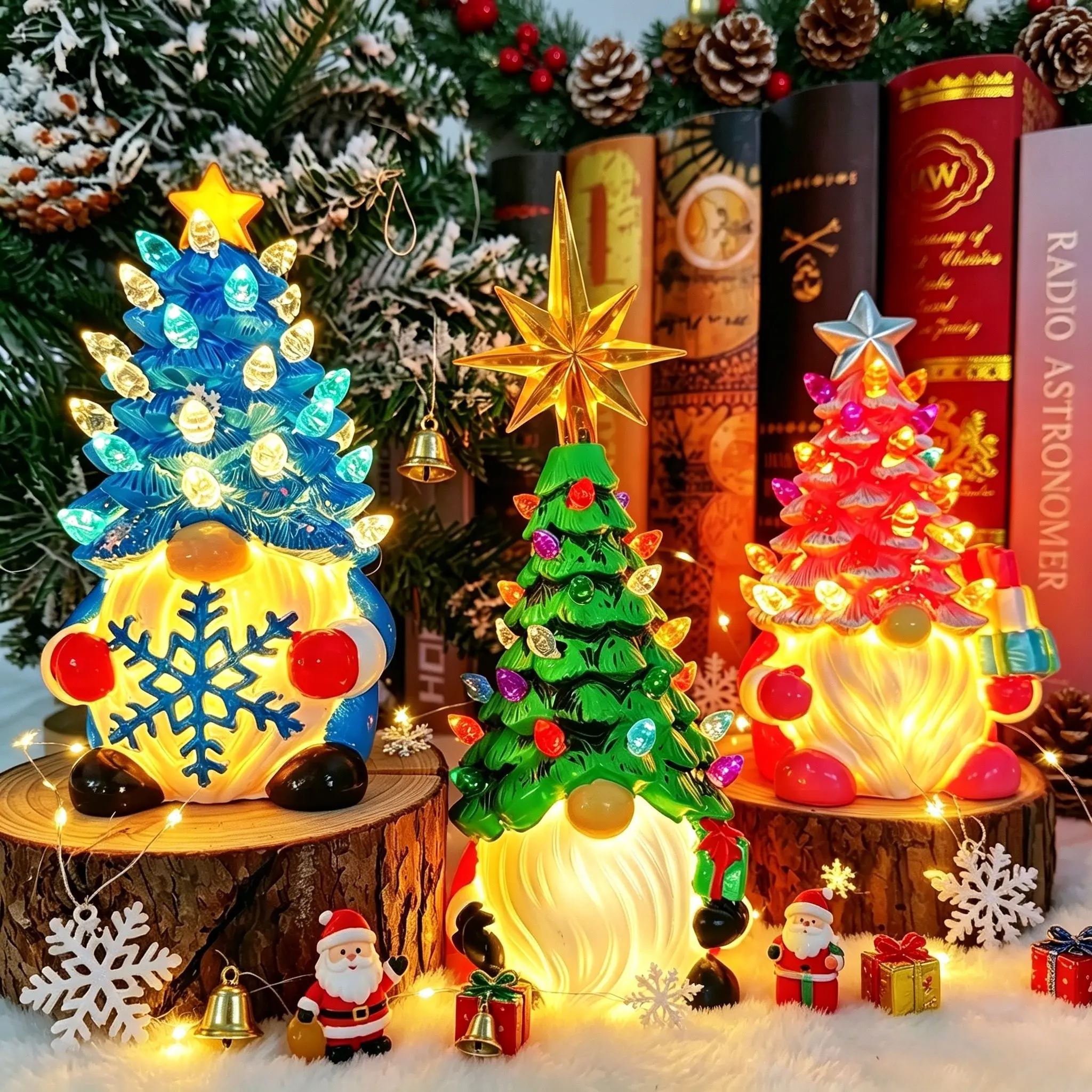 Set of Three Dwarf Santas, Christmas Decorative Lights, Christmas Decorations, Compact Resin Christmas Tree Ornaments with Colorful Lights, Perfect for Home, Countertops, and Offices—Green, Blue, and Pink Set