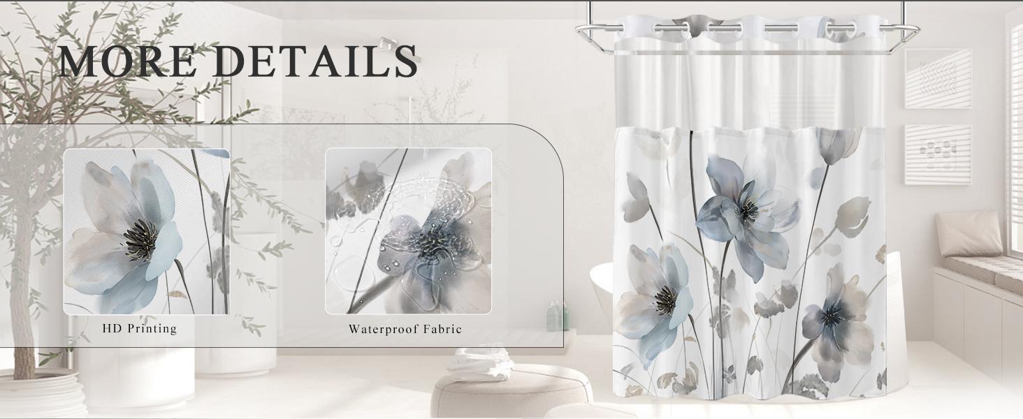 No Hook Shower Curtain and Liner Set, Blue and Grey Boho Floral Shower Curtains for Bathroom, Watercolor Flower Waterproof Bathroom Curtain Sets with Snap in Liner,