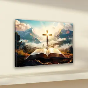 1 piece of sunset mountain scene canvas print, framed wall art poster, suitable for home, bedroom, kitchen, living room, office, hotel, and cafe decoration, inspired by Christian Bible and cross designs