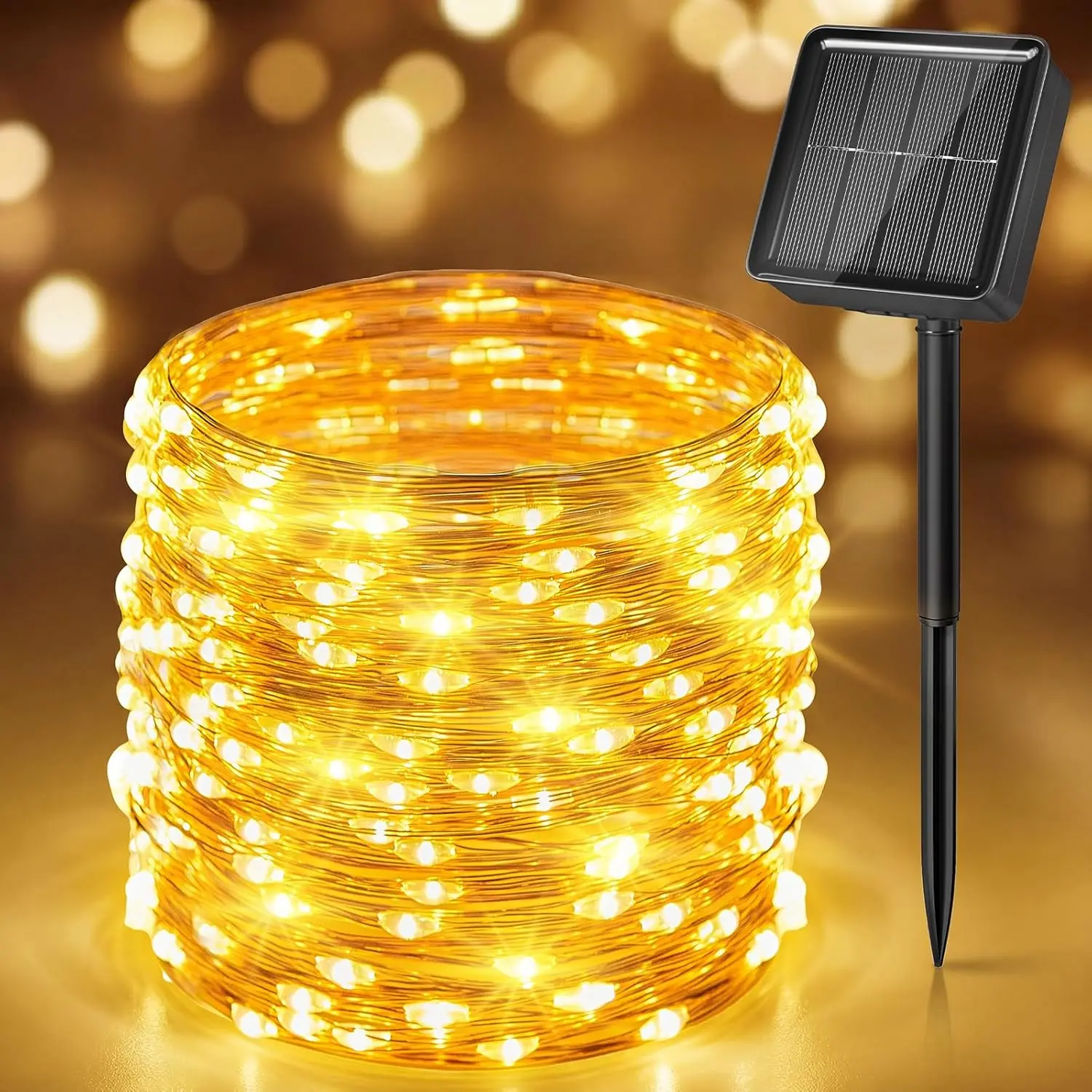 Minetom Solar-Powered Warm White Linear LED String Lights, 33Ft 100-LED IP65 Waterproof Outdoor Lights for Patio Decor, 8 Modes for Tree & Festive Decor