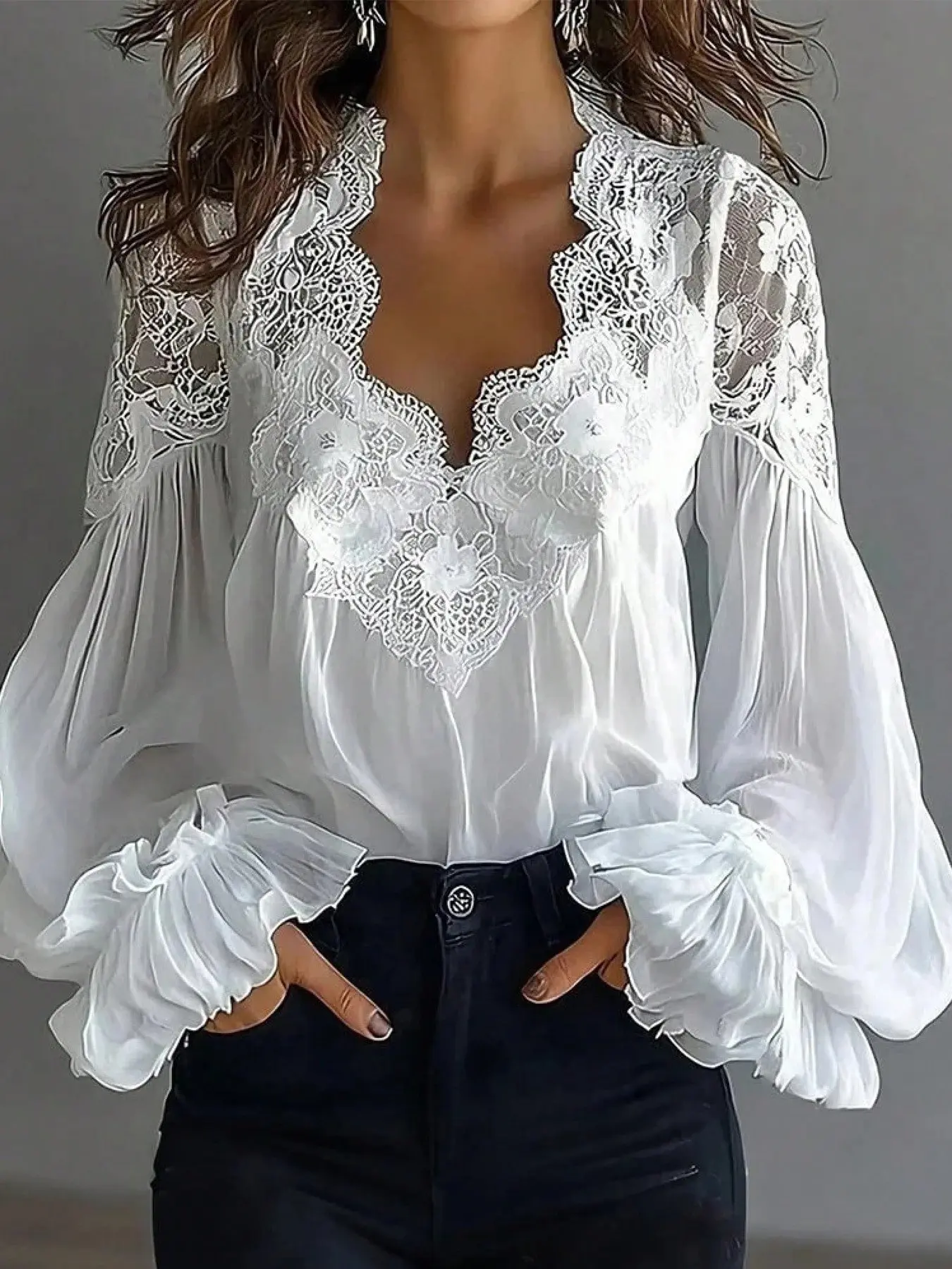 Women's Lace Trim V-Neck Shirt, Transparent Chiffon Material, Lantern Sleeve Ruched Hem Top, Elegant and Stylish Upperwear