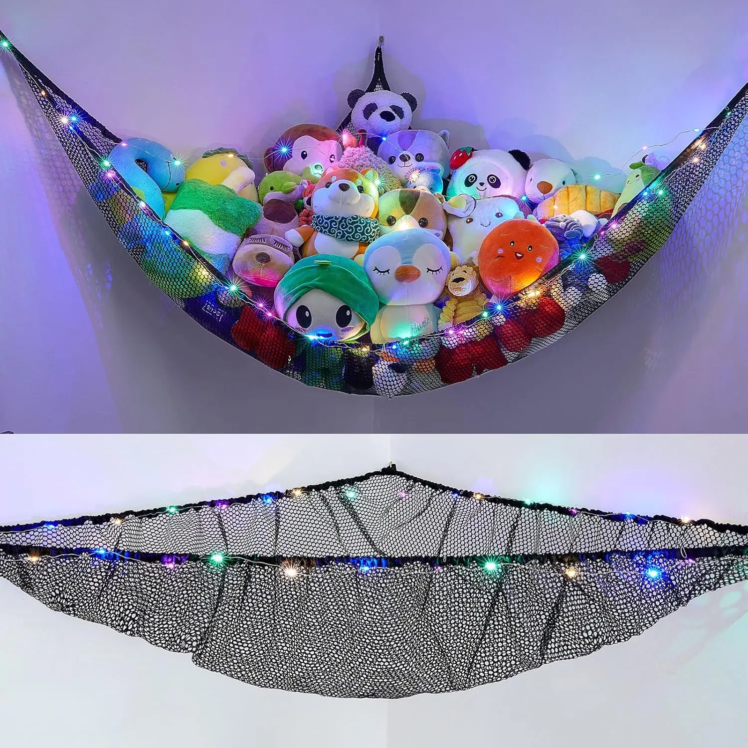 Large Black LED Lights Stuffed Animal Storage Organizer - Net Fabric Hammock-Shape Hanging Corner Holder for Girls' Room (Pack of 1)