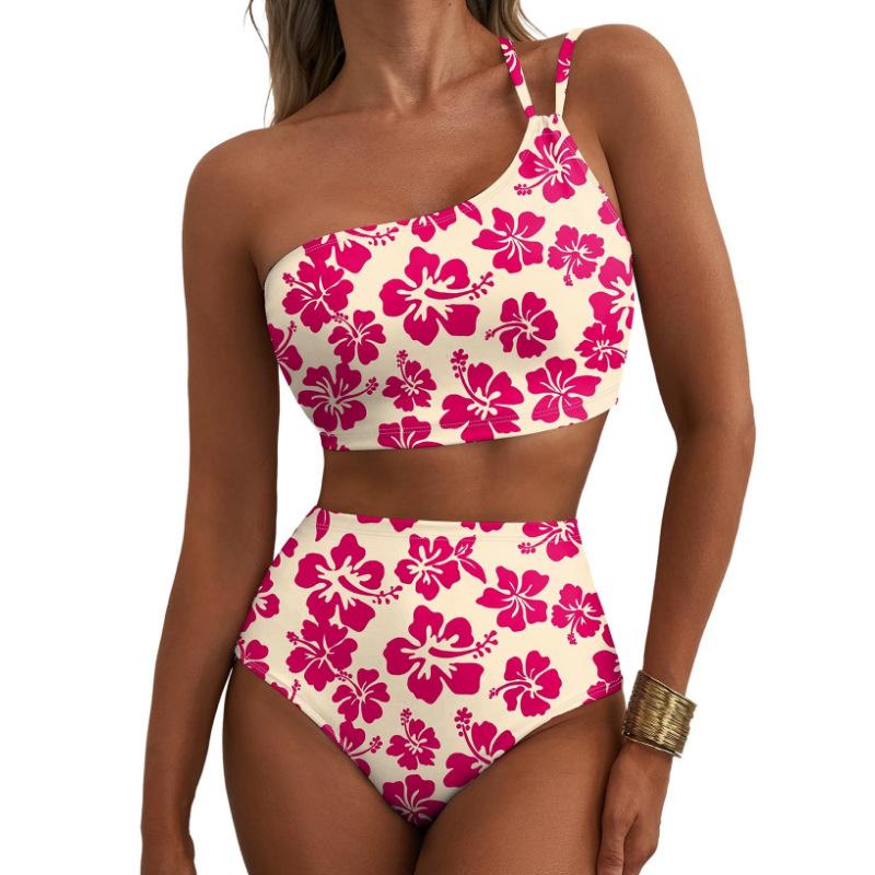 "Floral One-Shoulder Bikini Set - Vibrant High-Waist Swimwear for Summer"