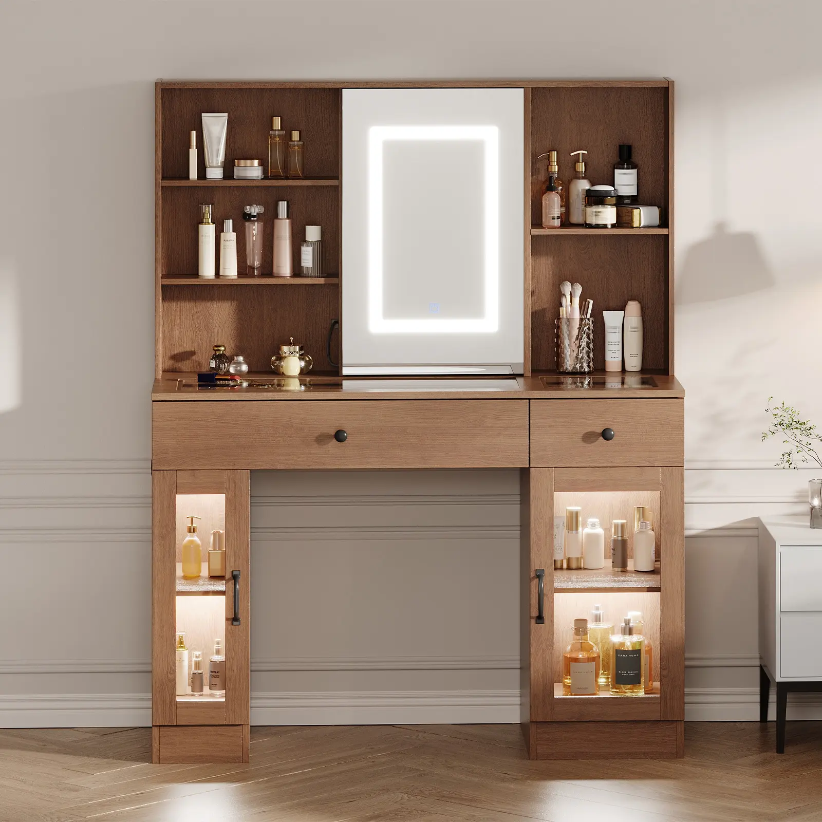 Garvee Sliding Mirror Vanity Desk with LED Lighted Mirror - 3-Color Lighting, USB Power Outlet, Drawers, Shelves & Cabinets, MDF Bedroom Dressing Table, Easy Assembly