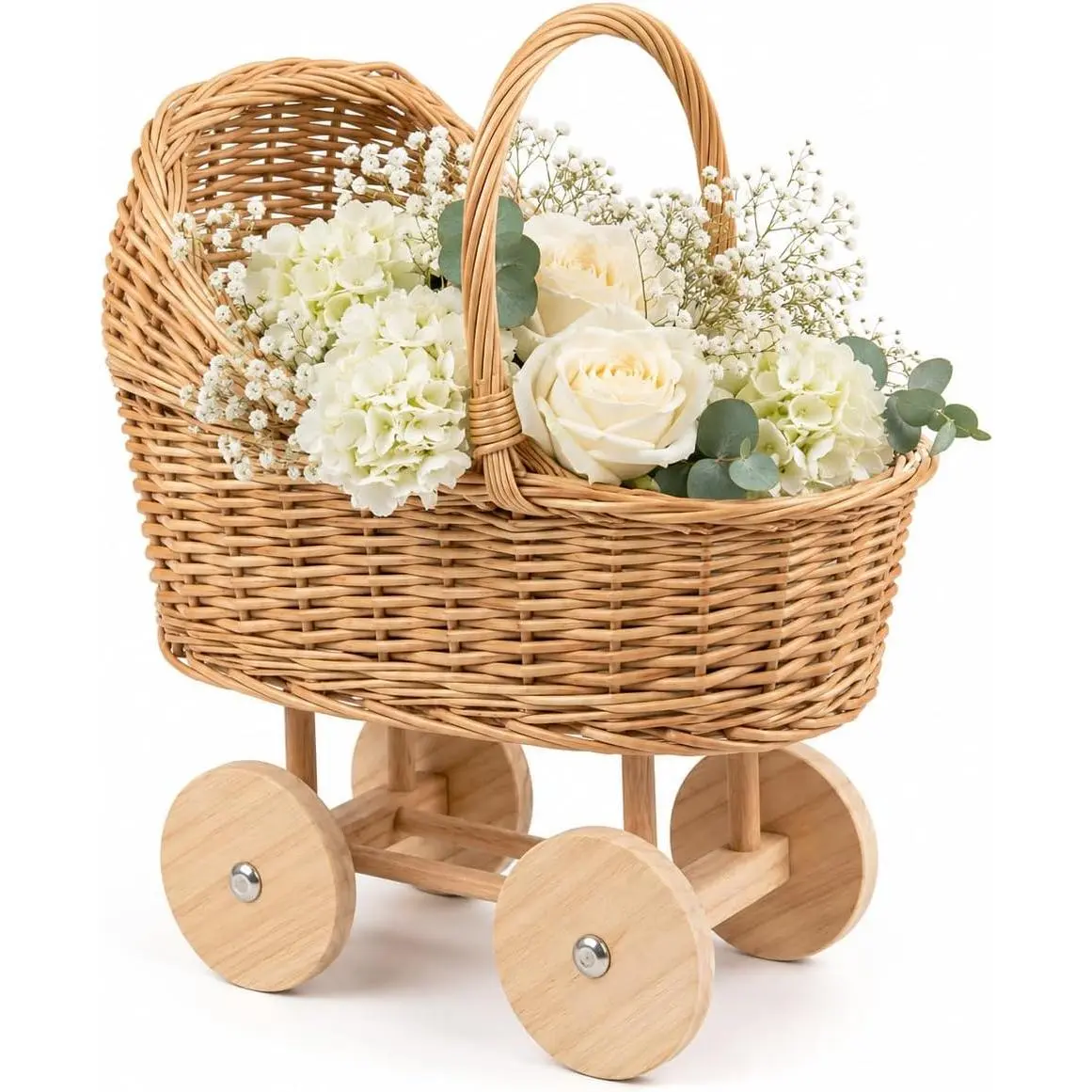 Small Vintage Wicker Rattan Baby Carriage Basket - Home Storage Organizer for Baby Shower Centerpiece, Wedding Decor & Photography Prop