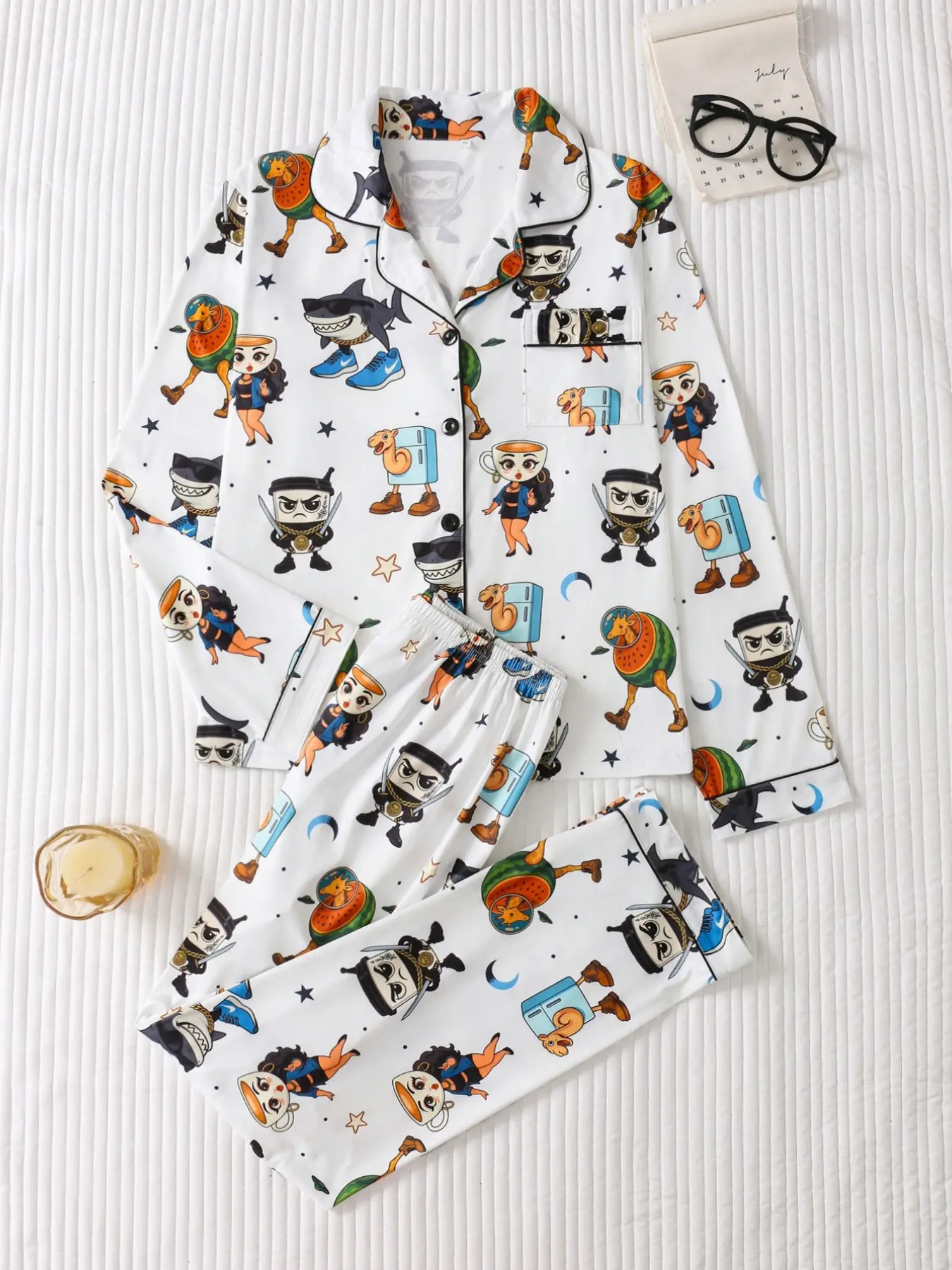 Two-Piece Cartoon Food Pajama Set for Women, Soft and Smooth Fabric, Loose Fit Long Sleeve Top and Pants, Fun and Comfortable Sleepwear
