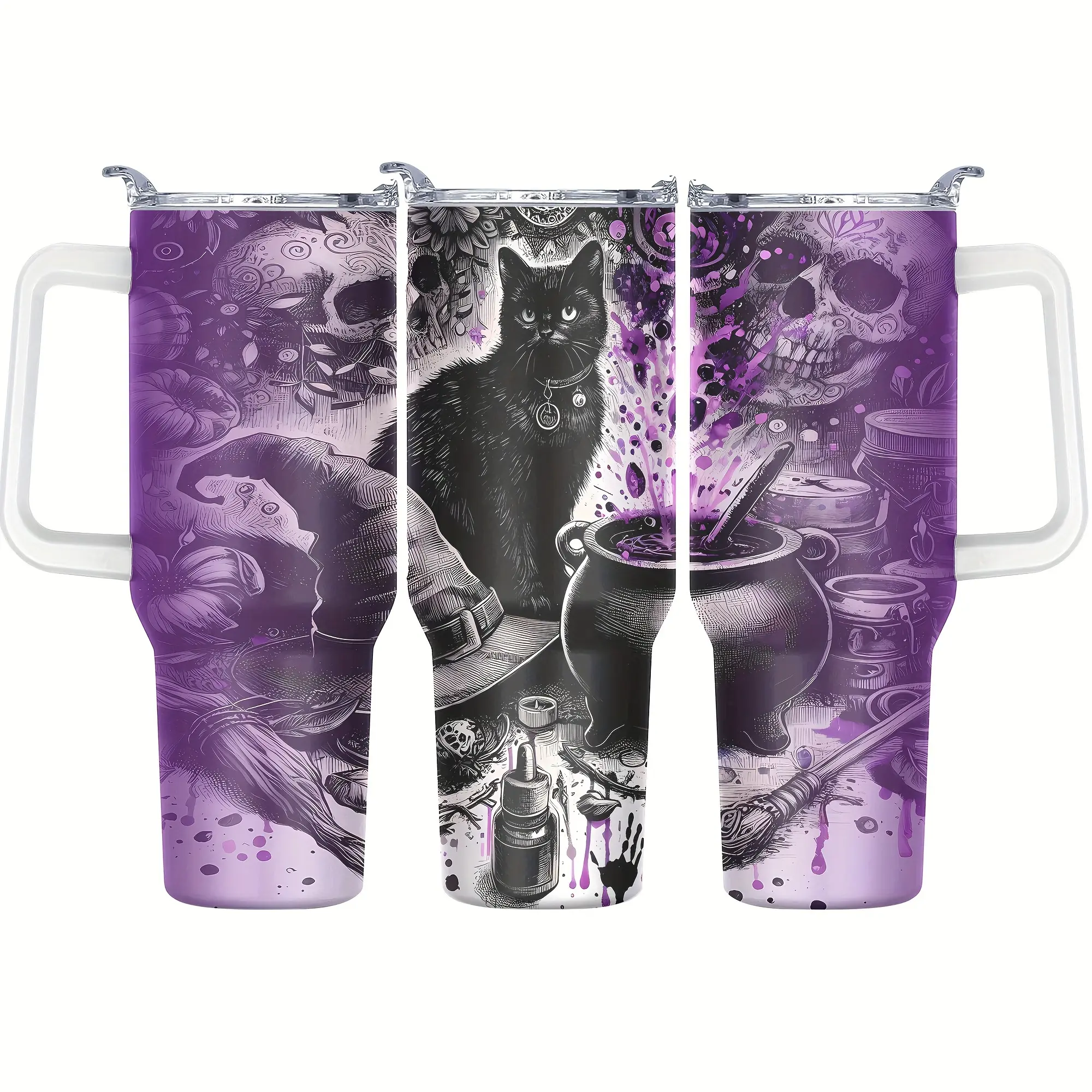 Reusable 40OZ Stainless Steel Lid Glass, Halloween Cat Skull Theme, Vacuum Insulated, Double Layer, Leakproof and BPA Free, Ergonomic Silicone Handle - Multi-Purpose, Insulated Water Cup, Suitable for Hot and Cold Drinks, Ideal for Outdoor Travel